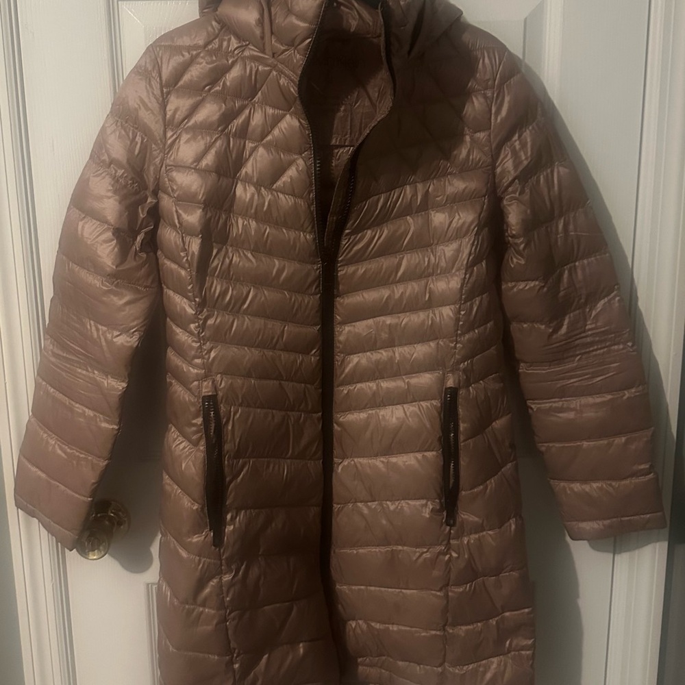 Calvin Klein Women’s Long Quilted Hooded Puffer Coat - Taupe